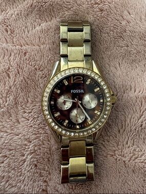 Fossil Gold-Tone Crystal Bezel Watch with Brown Sunray Dial